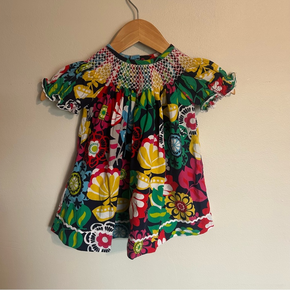 Smocked Auctions Vibrant Colorful Floral Smocked Dress Size 12 Months Lace Trims - Picture 2 of 8